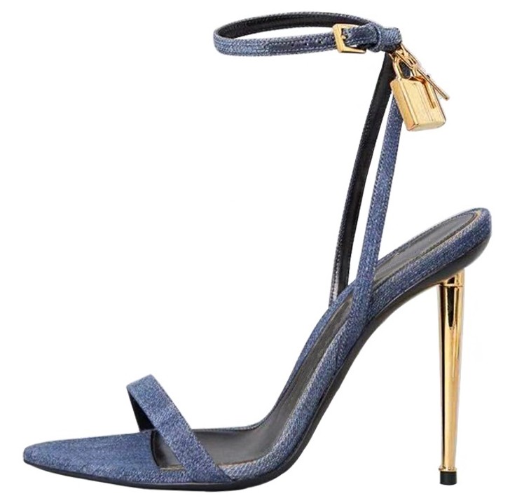Women Shoes Jeans - Keskin sivri altın kilit Strappy yüksek